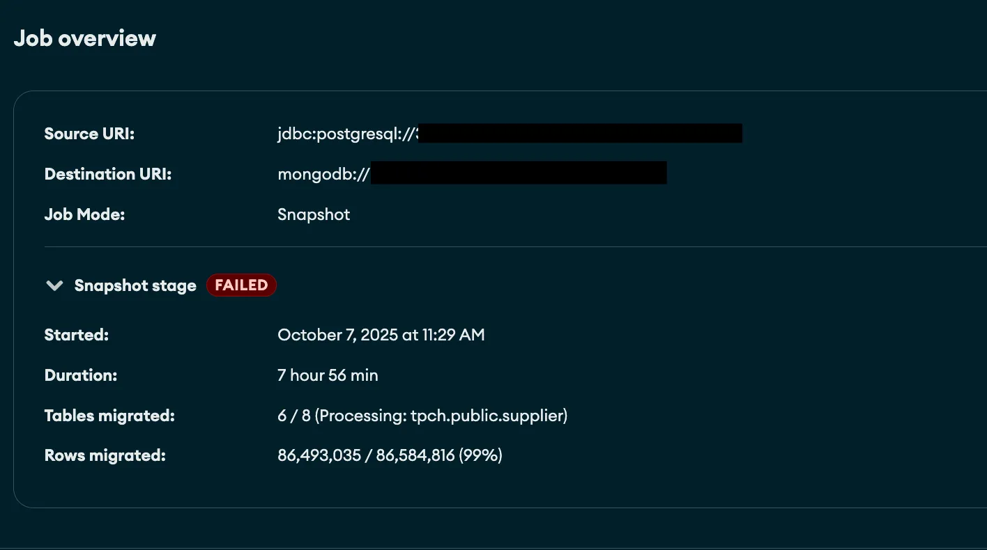 MongoDB Relational Migrator failed the data migration at the very end after 8 hours