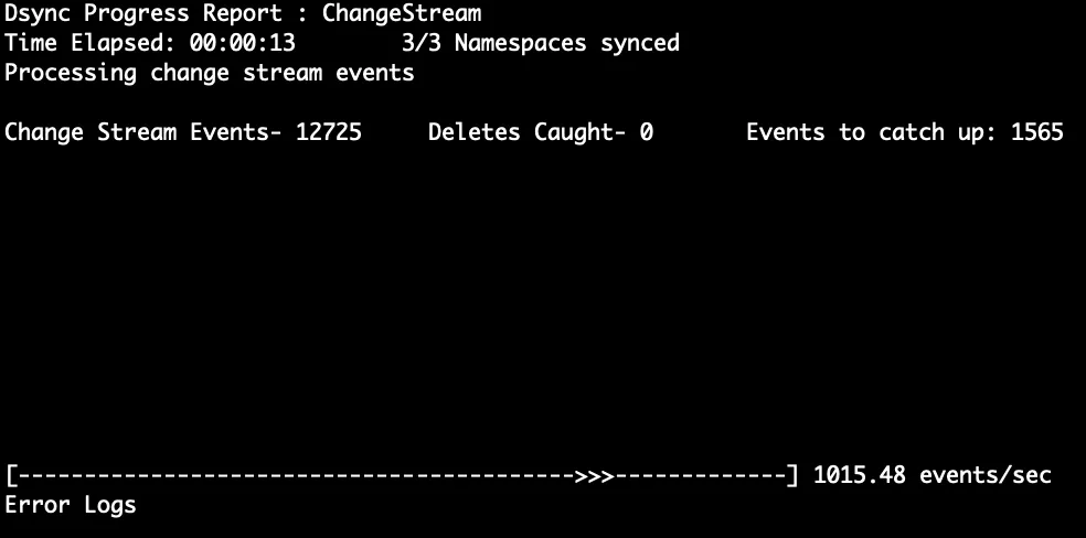 The dsync command-line interface during a migration, showing per-collection progress and throughput.